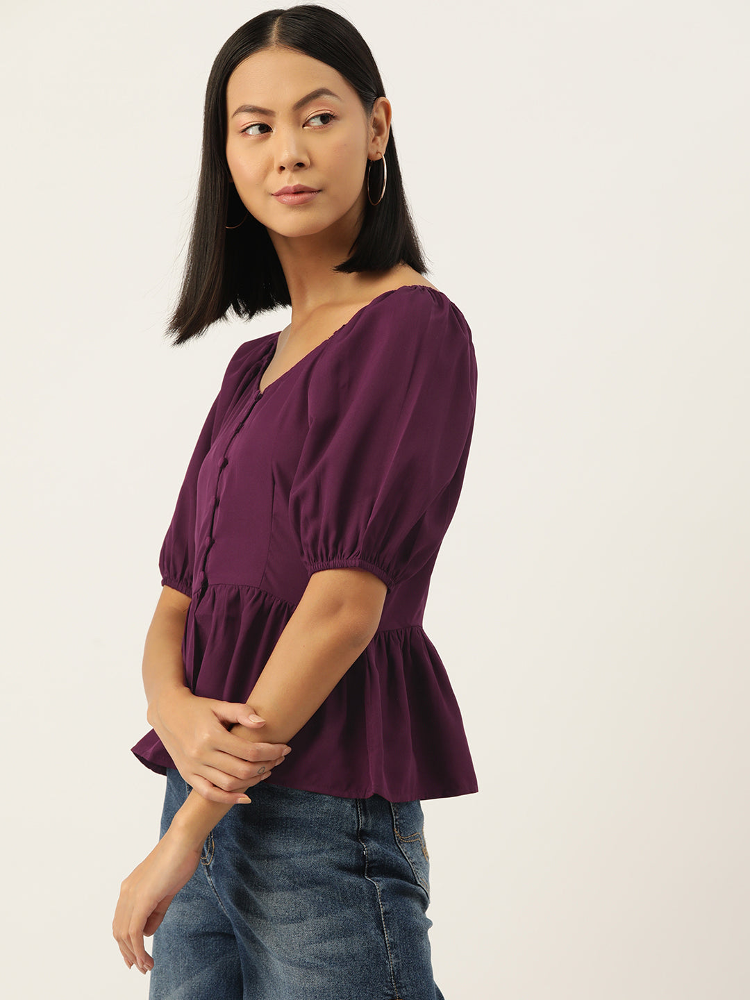 Purple  Solid Sweetheart Neck Puff Sleeve Crepe Peplum Top