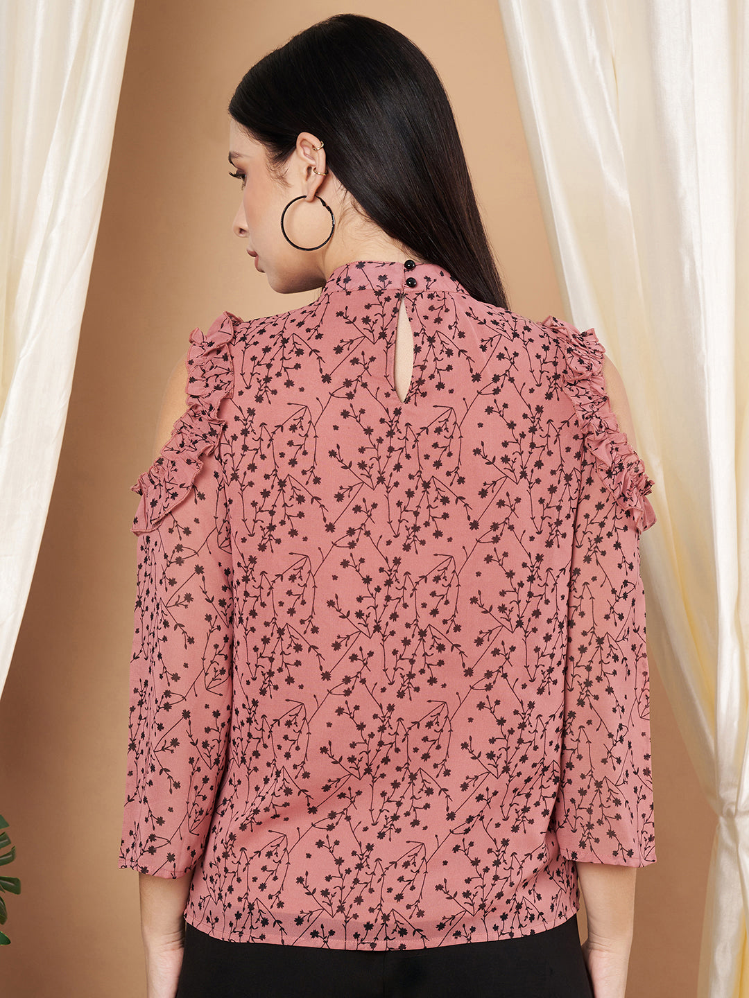 Women Cold Shoulder Sleeves Floral Print Pink Top