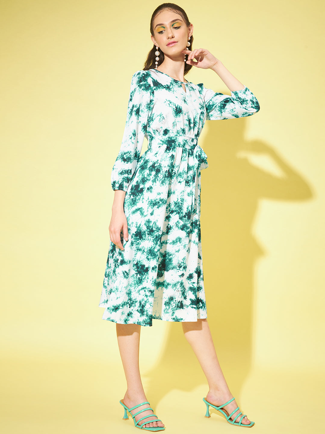 Women A-line Dark Green-White Dress