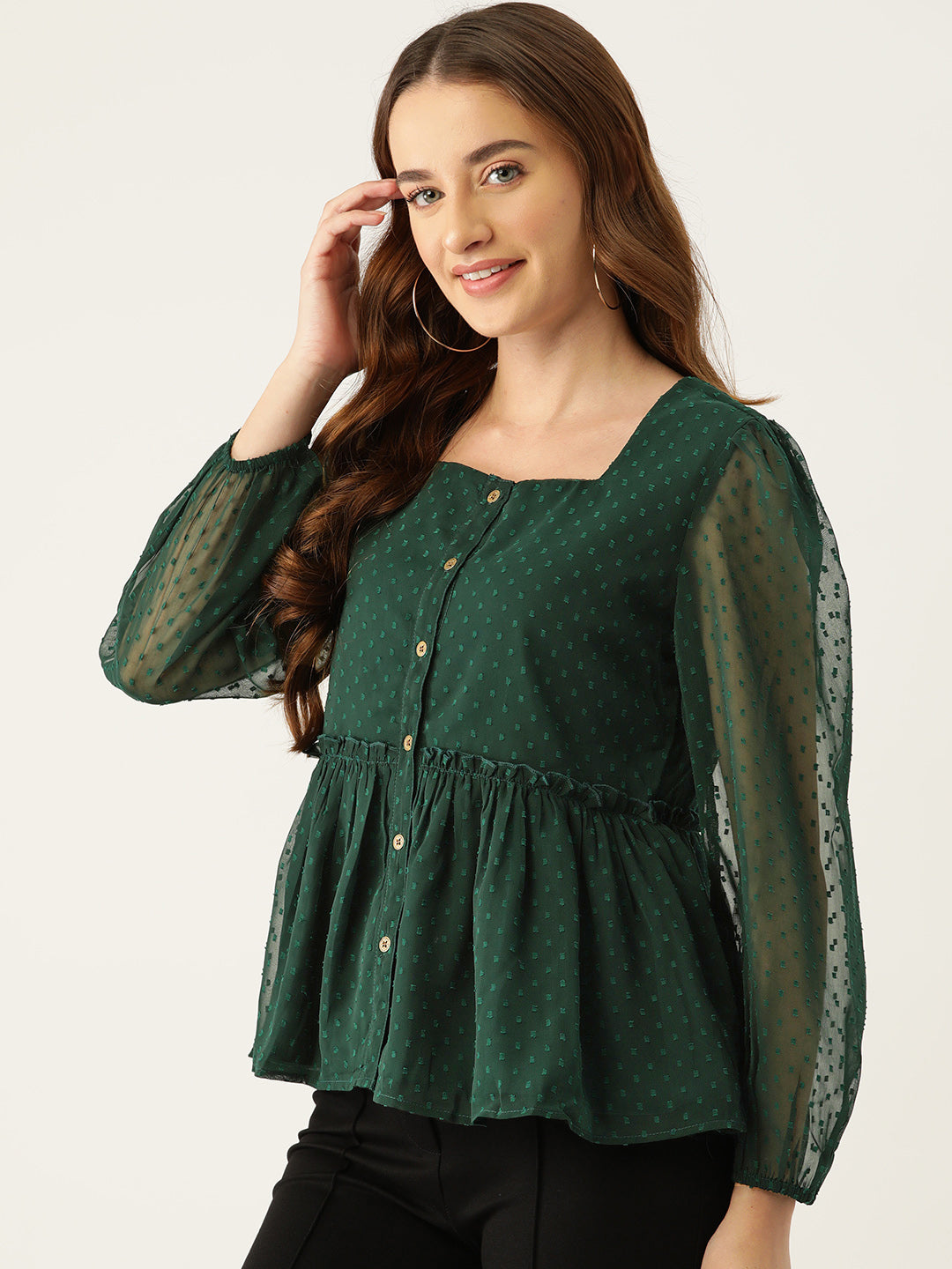 Casual Self Design Women Dark Green Top