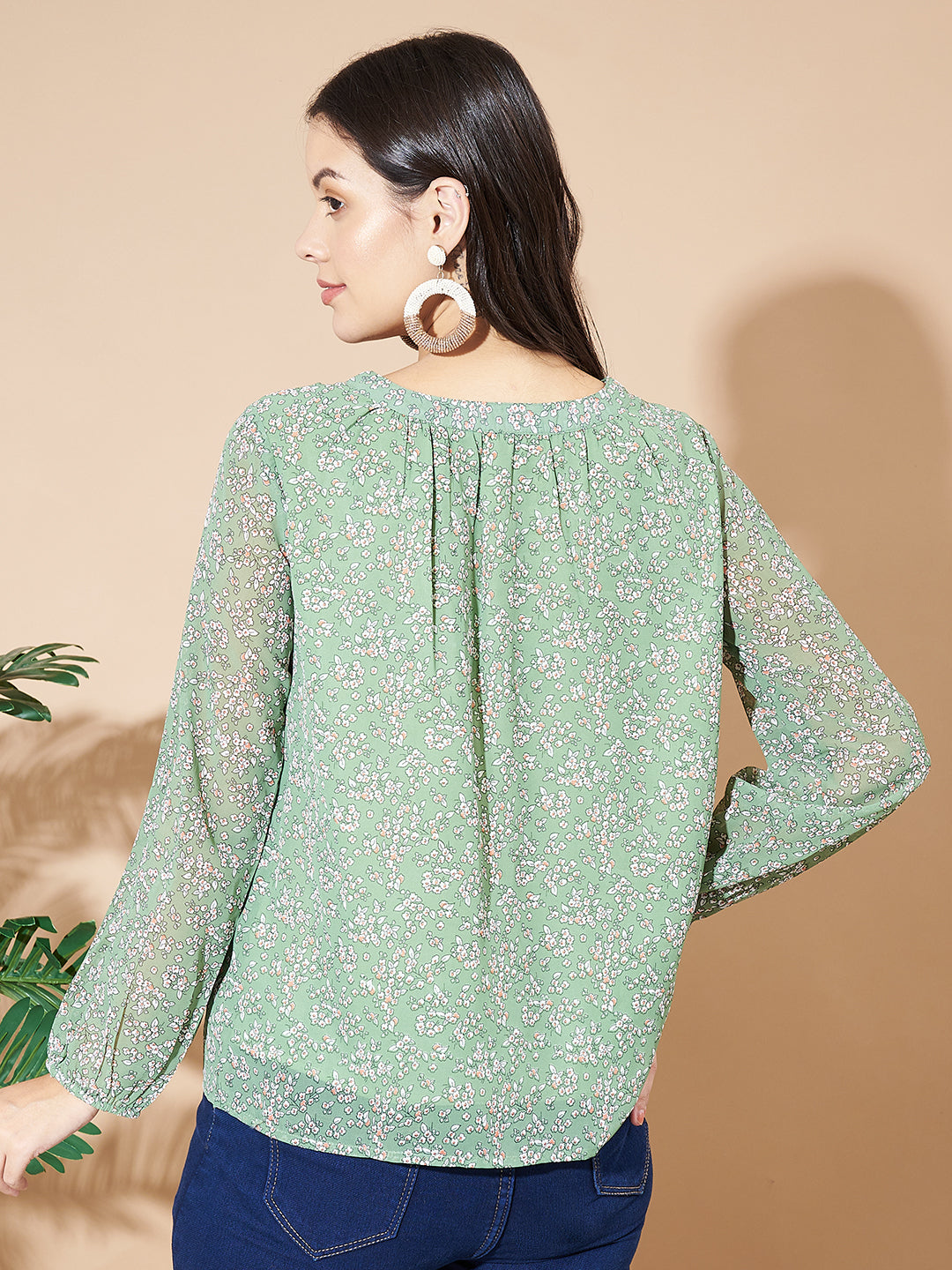 Women Puff Sleeves Floral Print  Green Top