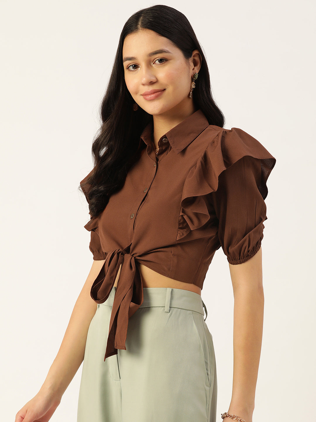 Brown Ruffles Crepe Crop Top