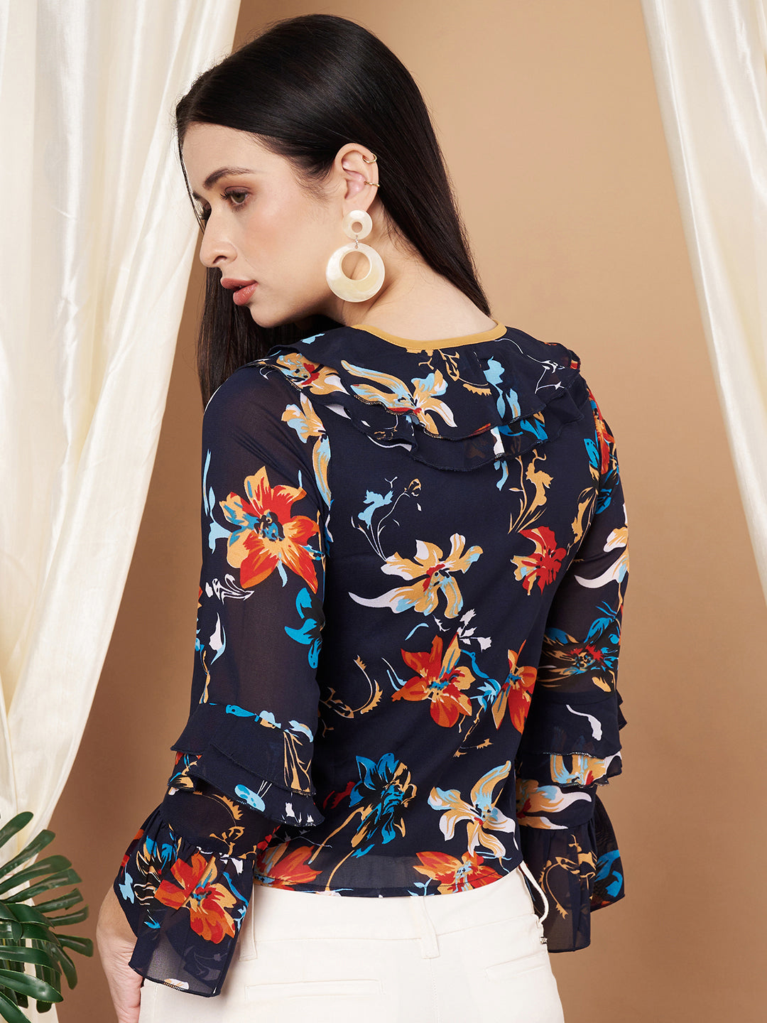 Bell Sleeves Multicolor Floral Print Tie-Up Neck Crop Top