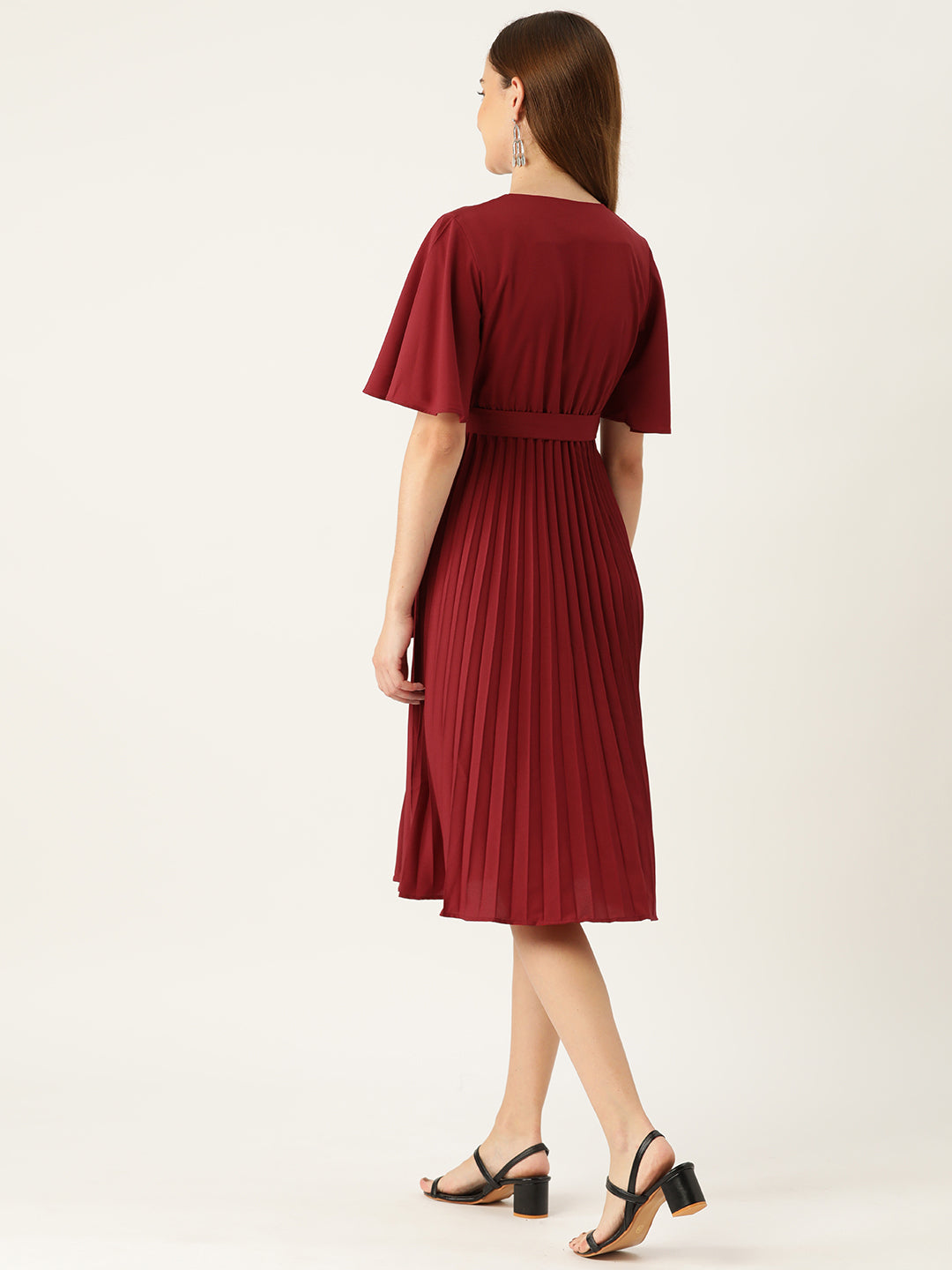 Slenor Flared Sleeve Maroon Tie-Ups Crepe A-Line Dress