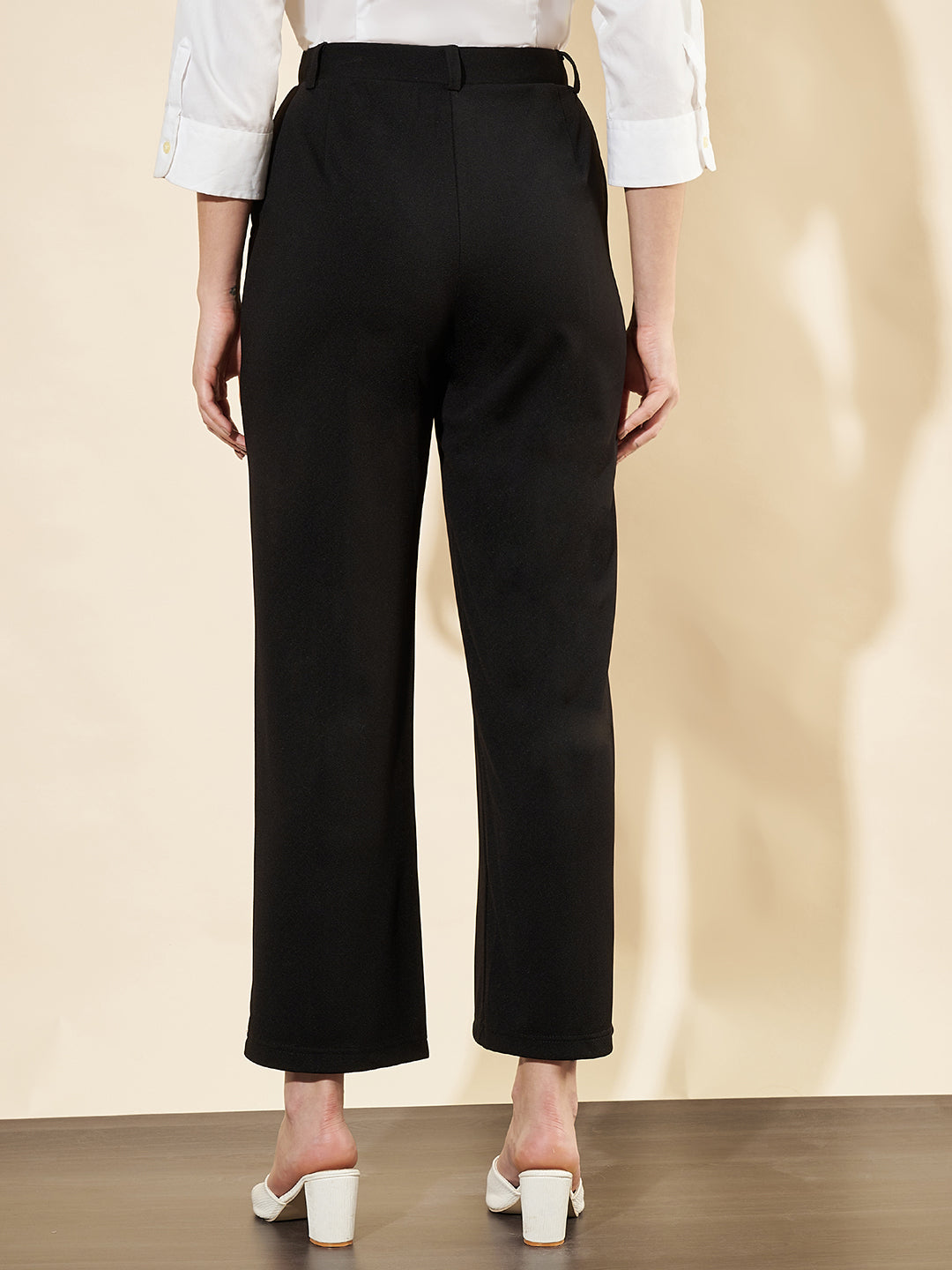 Women Black High-Waist Straight-Leg Trousers