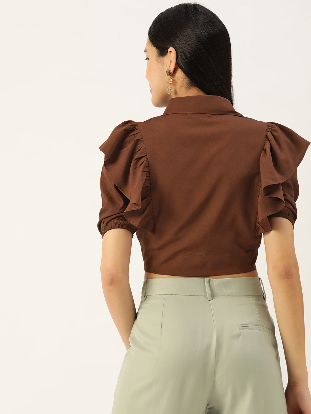 Brown Ruffles Crepe Crop Top