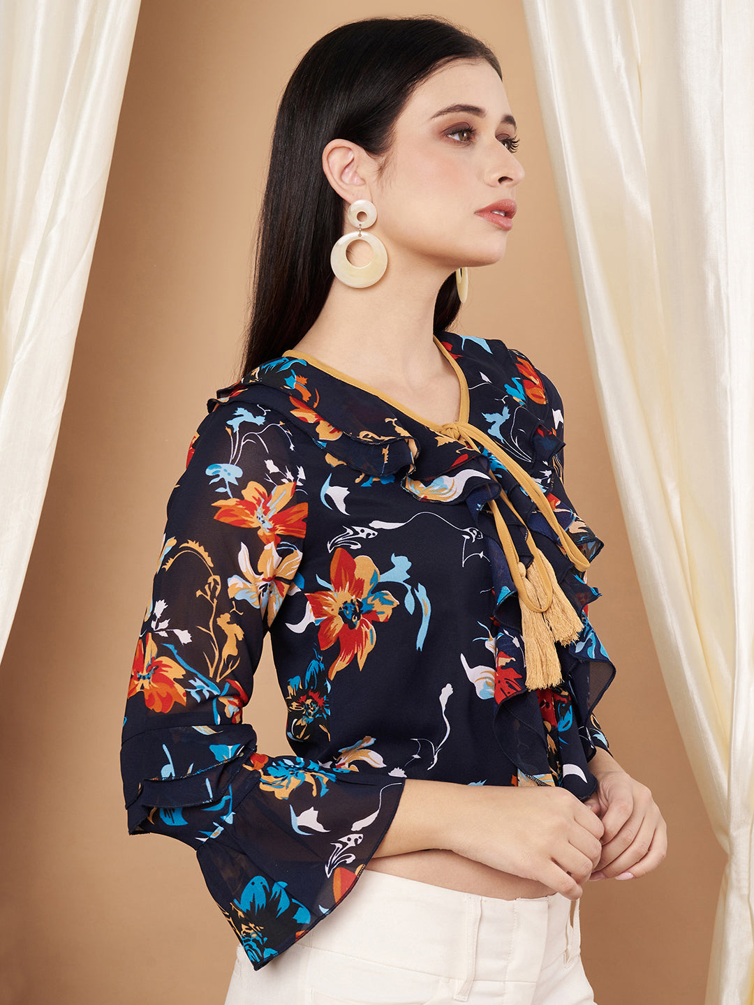 Bell Sleeves Multicolor Floral Print Tie-Up Neck Crop Top