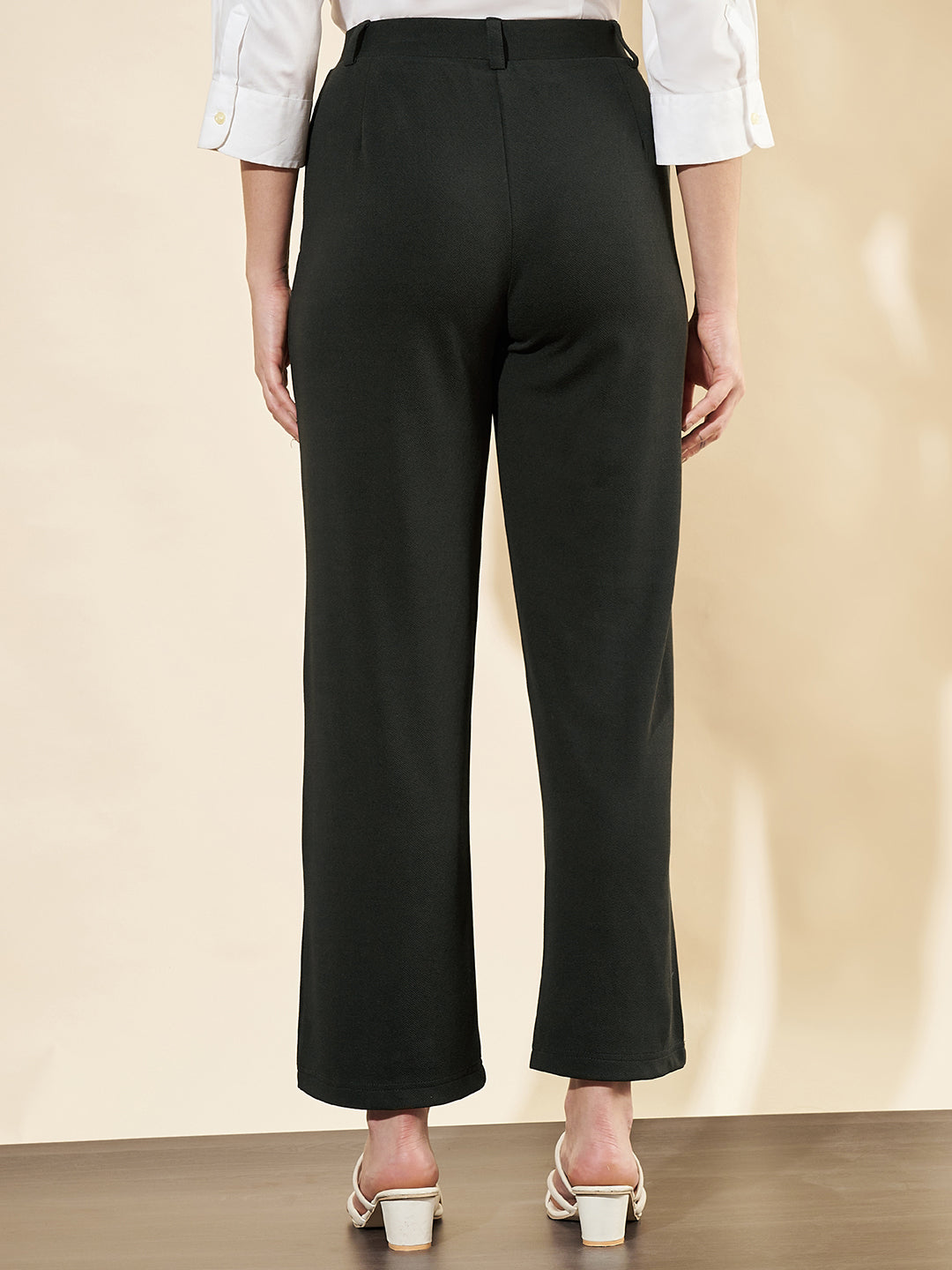 Women Relaxed Straight Fit High-Rise Easy Wash Trousers