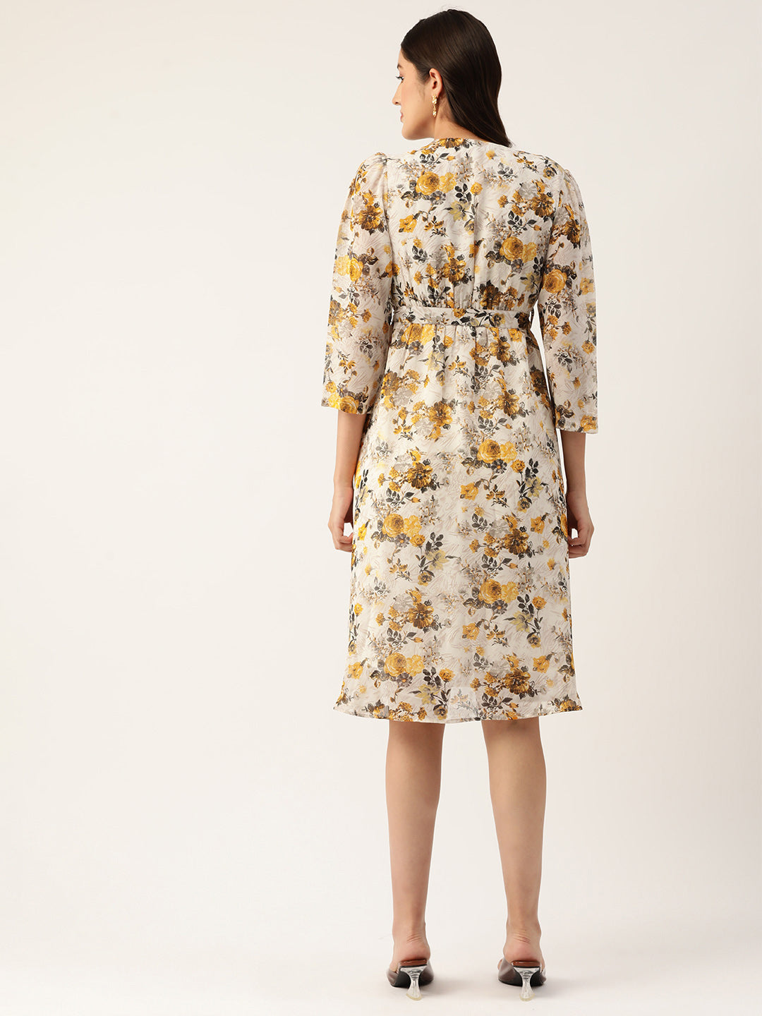 Floral Print Georgette Belted Empire Dress