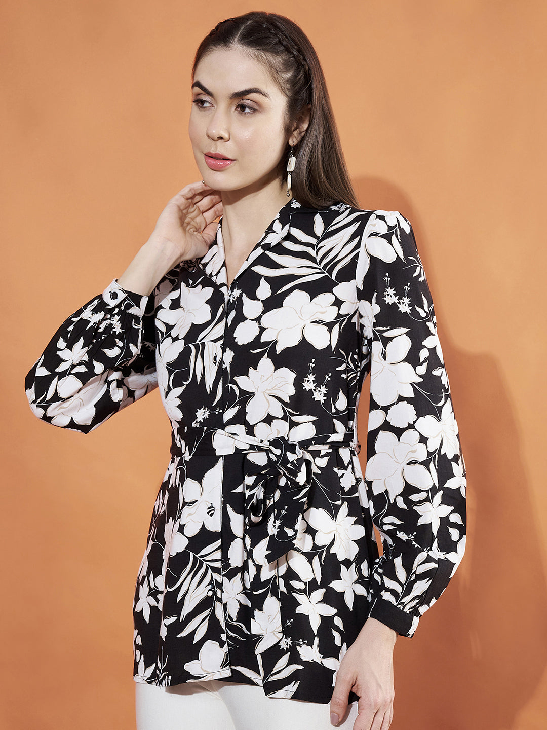 Women Cuffed Sleeves Floral Print Regular Top