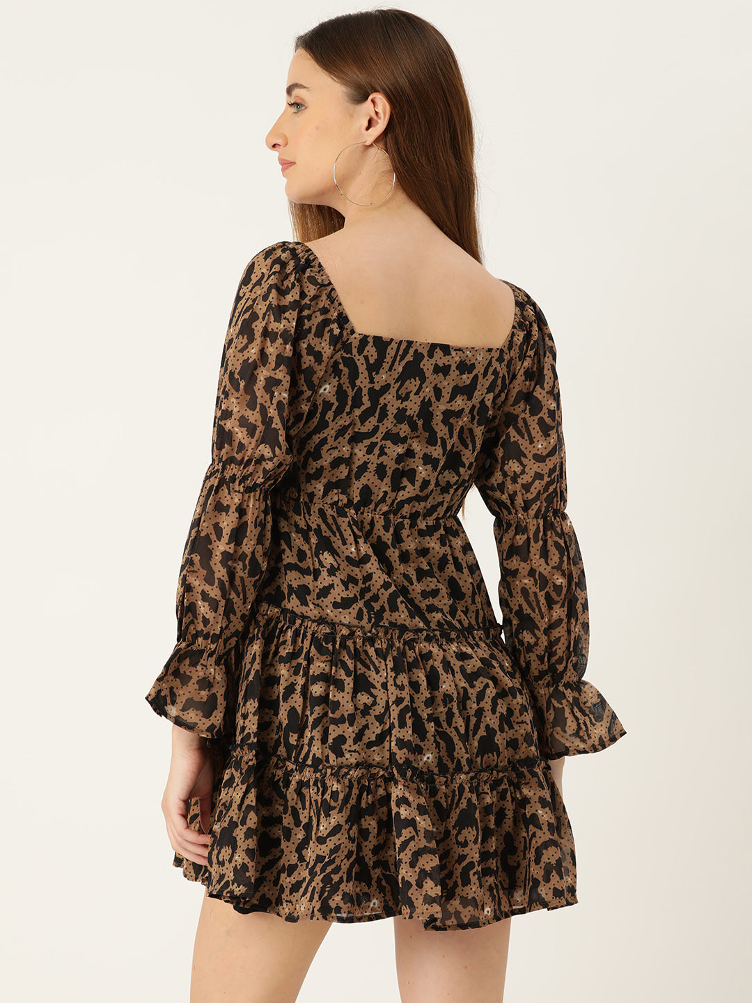 Animal Print Puff Sleeve Georgette A-Line Dress