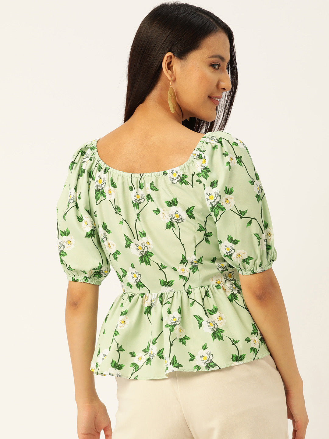 Casual Puff Sleeves Floral Print Women Green Top