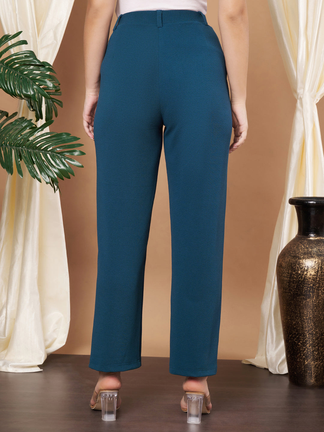 Women Relaxed Straight Fit High-Rise Easy Wash Trousers