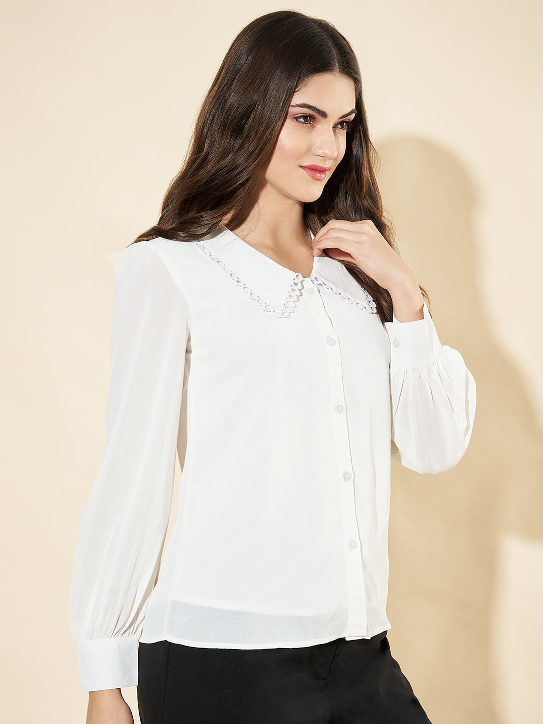 Women Cuffed Sleeves Lace White Top