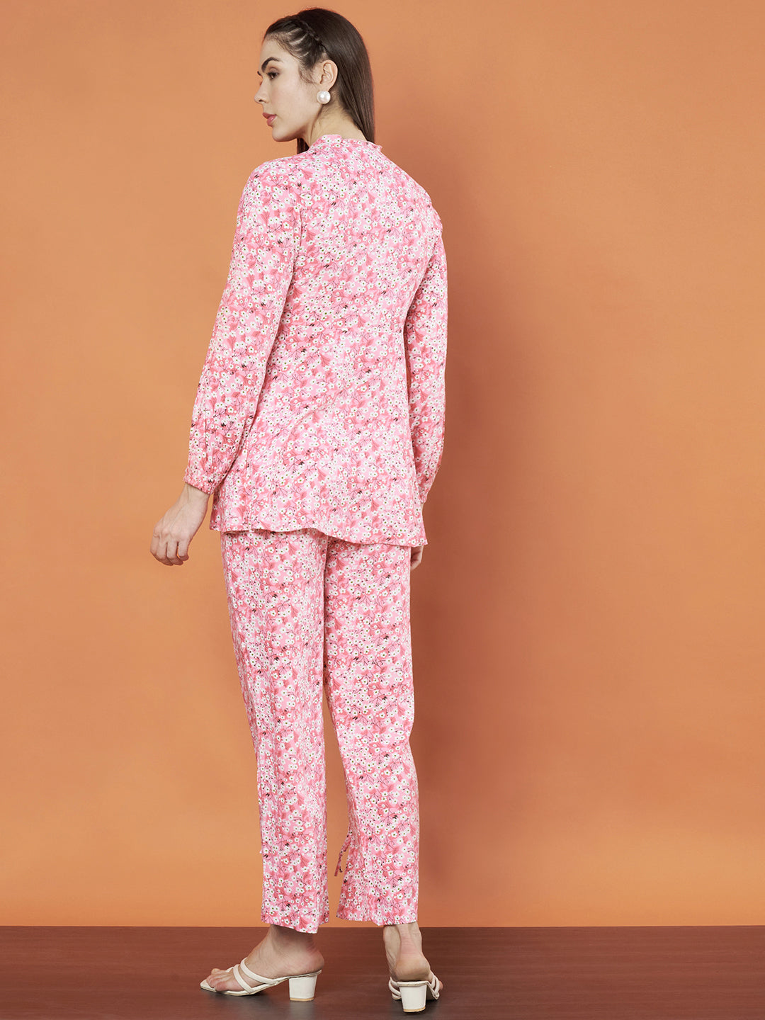 Women's Pink Floral Printed Co-Ord Set with Tie-Up Neckline and Slit Pants
