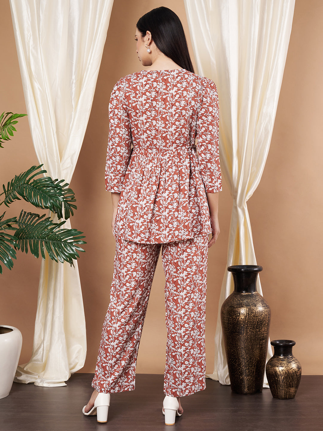 Woman Rust And White Floral Printed  Co-Ord Set