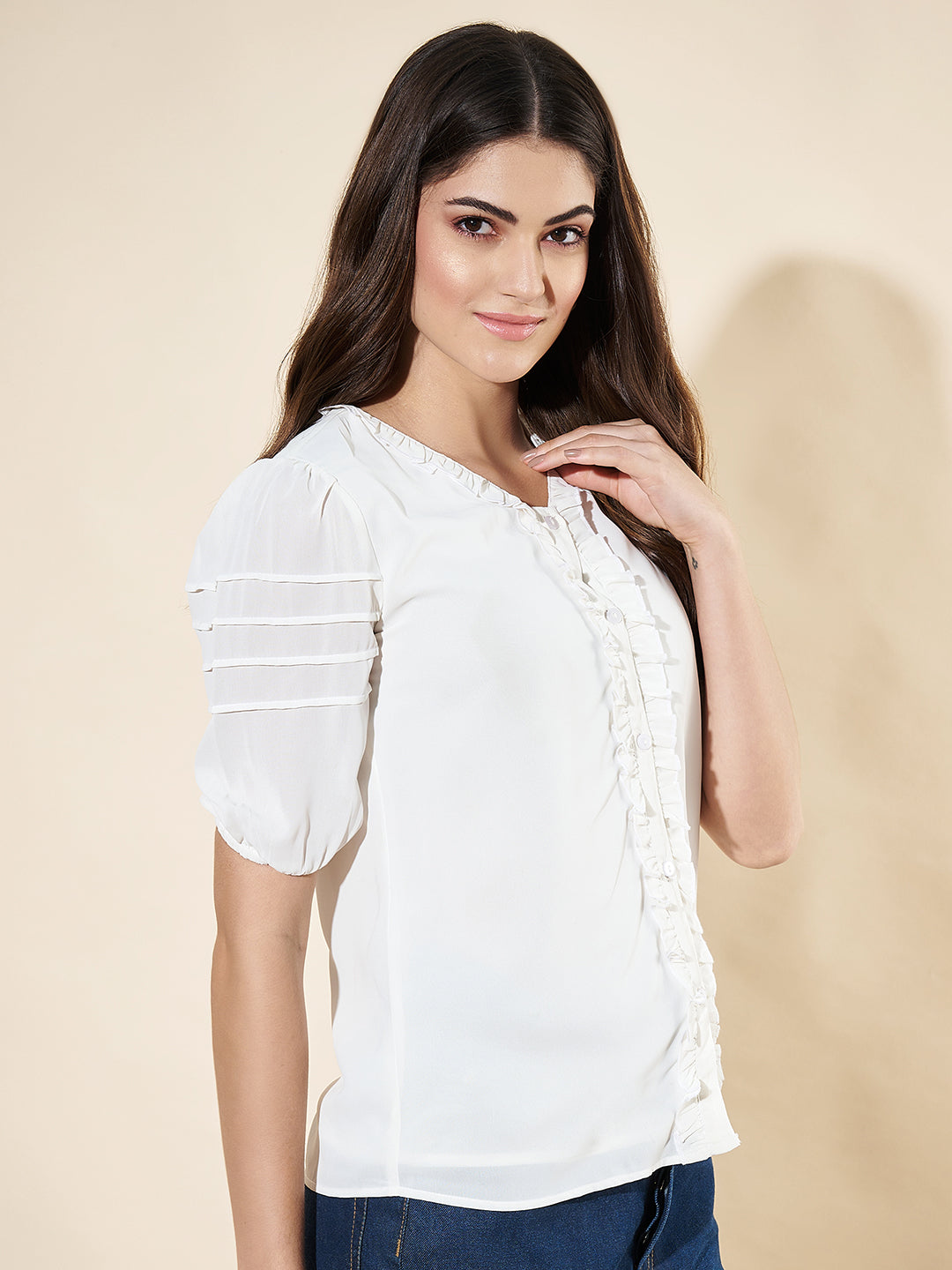 Formal Puff Sleeves Solid White Top