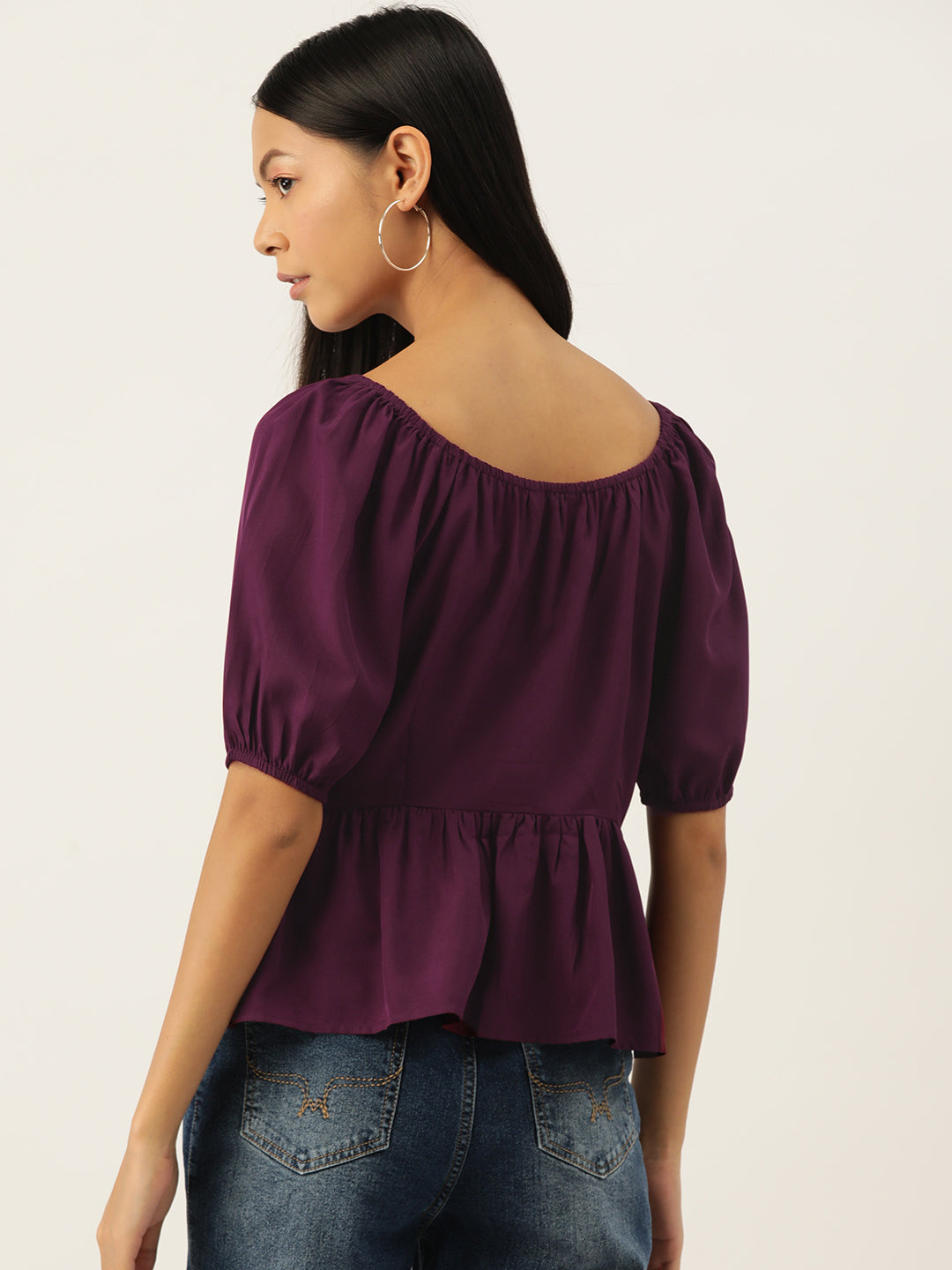 Purple  Solid Sweetheart Neck Puff Sleeve Crepe Peplum Top