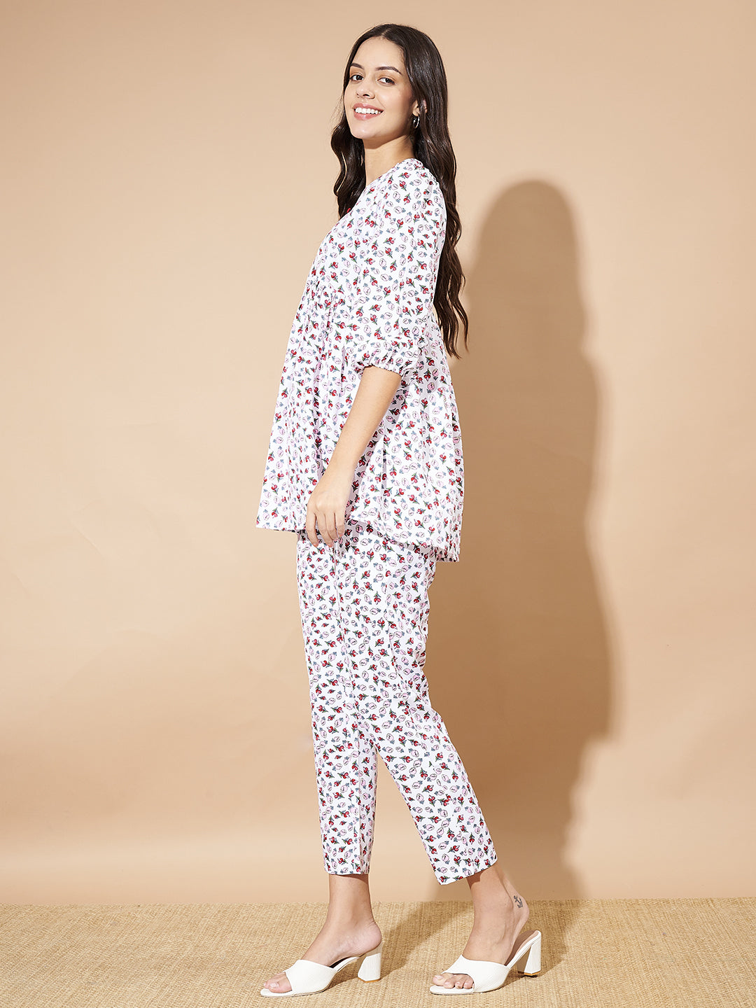 Women White Floral Printed Co-Ord Set