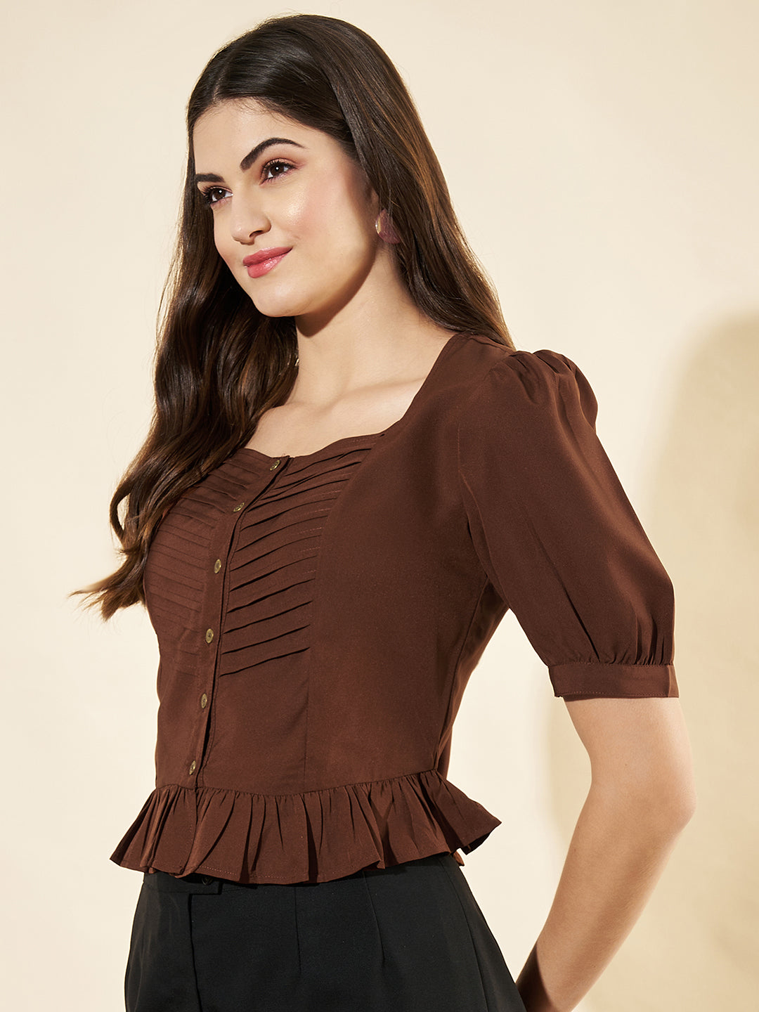 Casual Puff Sleeves Solid Brown Top