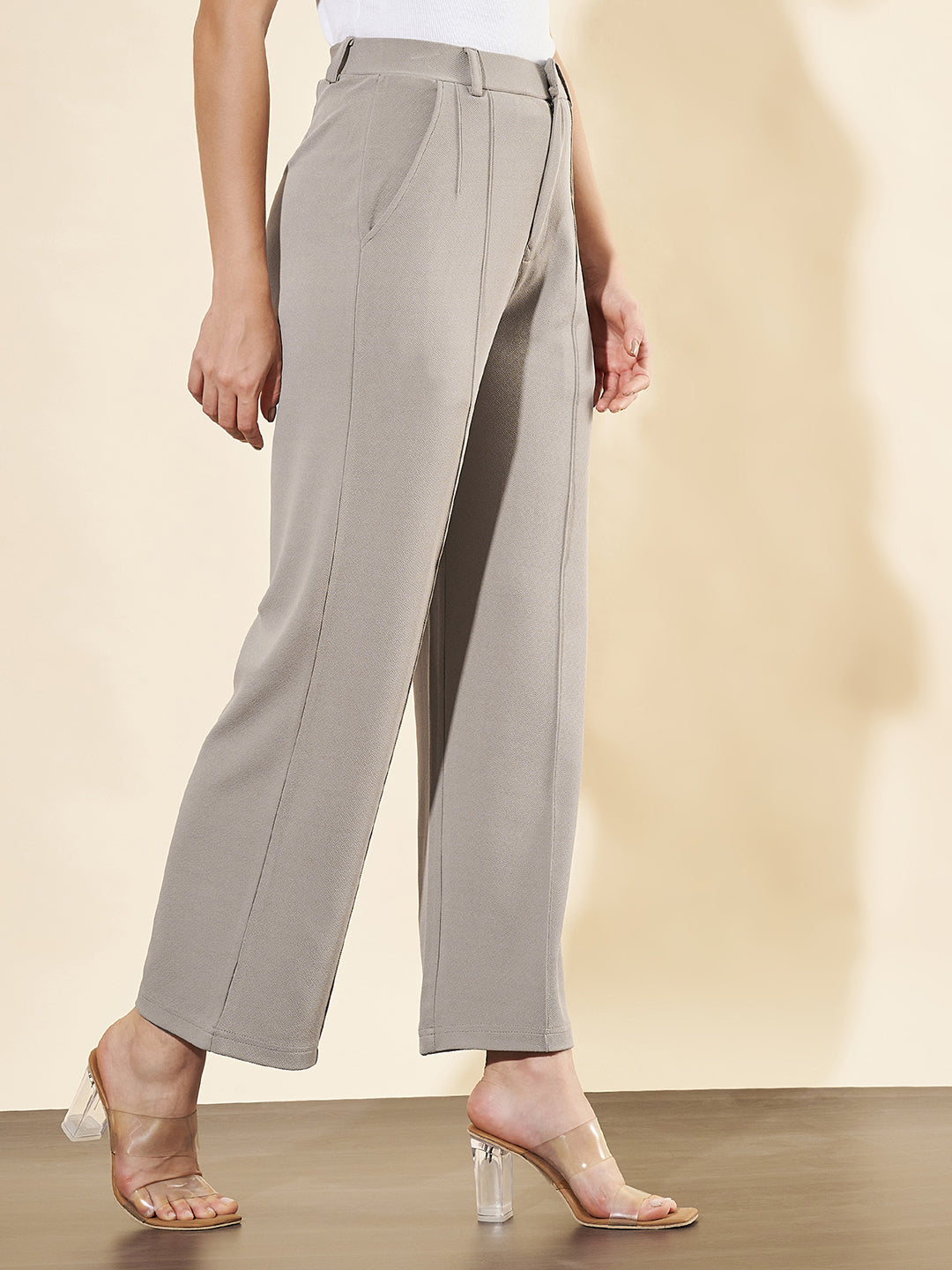 Women Relaxed Straight Fit High-Rise Easy Wash Trousers