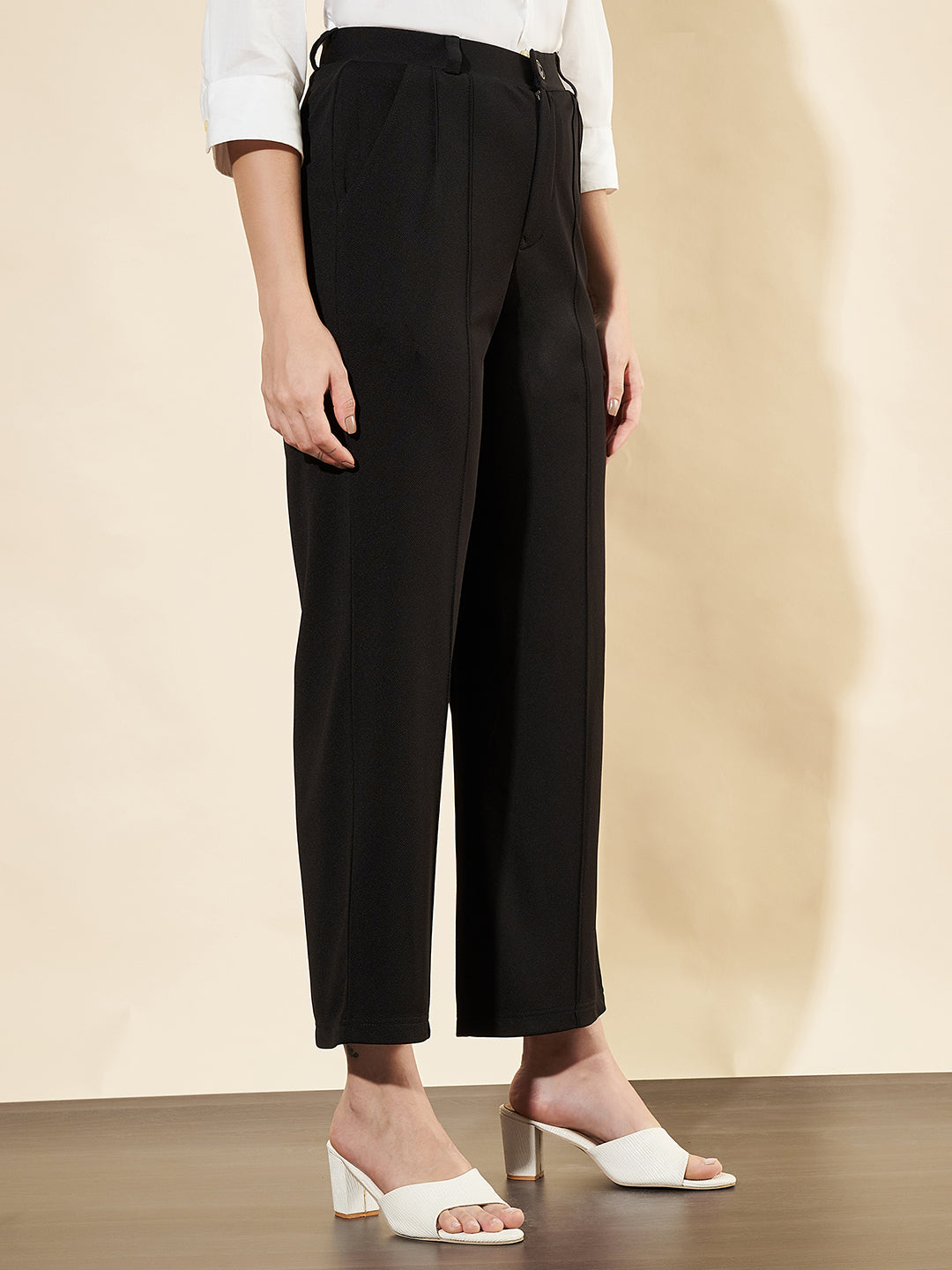 Women Black High-Waist Straight-Leg Trousers