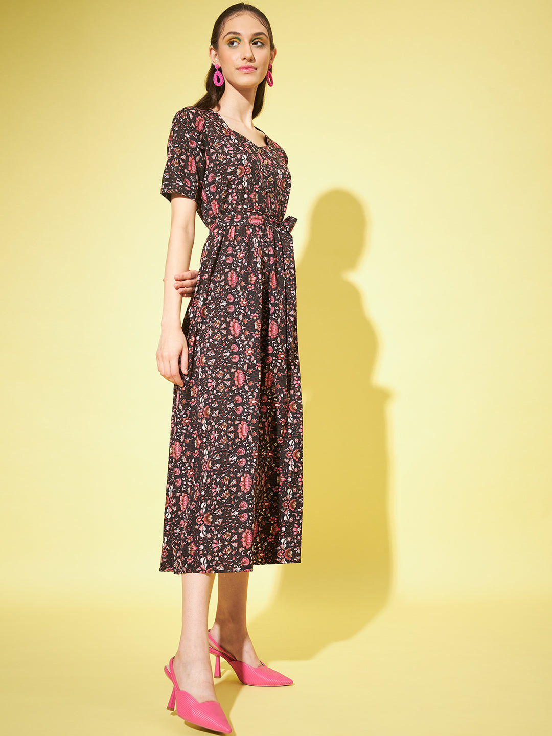 Women A-line Multicoloured Floral Print Dress