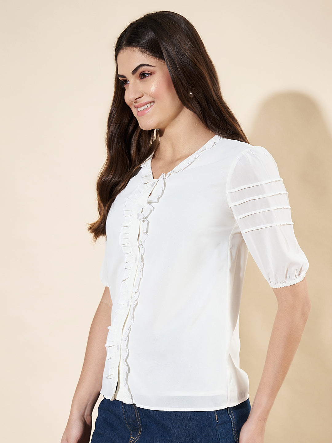 Formal Puff Sleeves Solid White Top