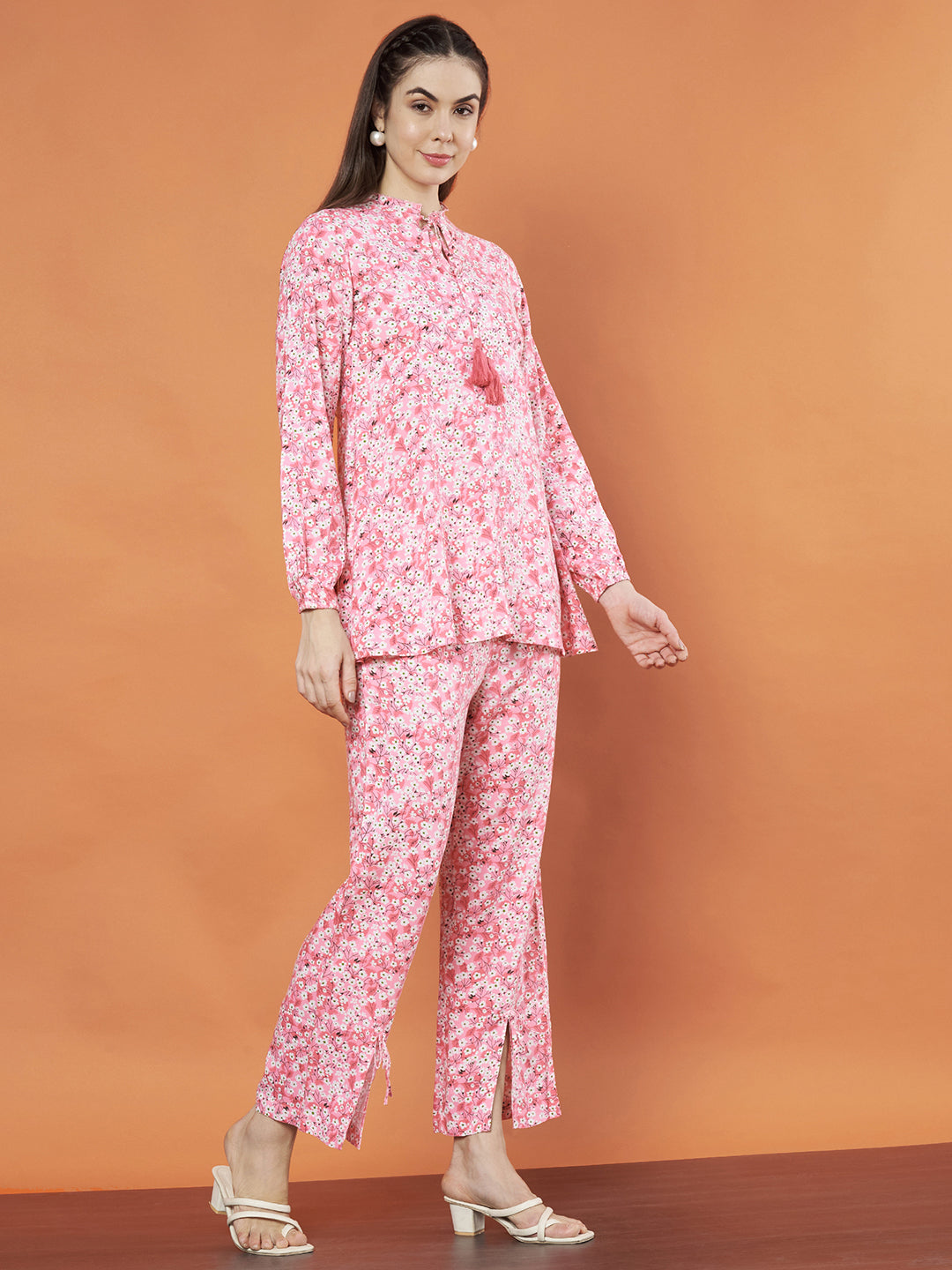 Women's Pink Floral Printed Co-Ord Set with Tie-Up Neckline and Slit Pants