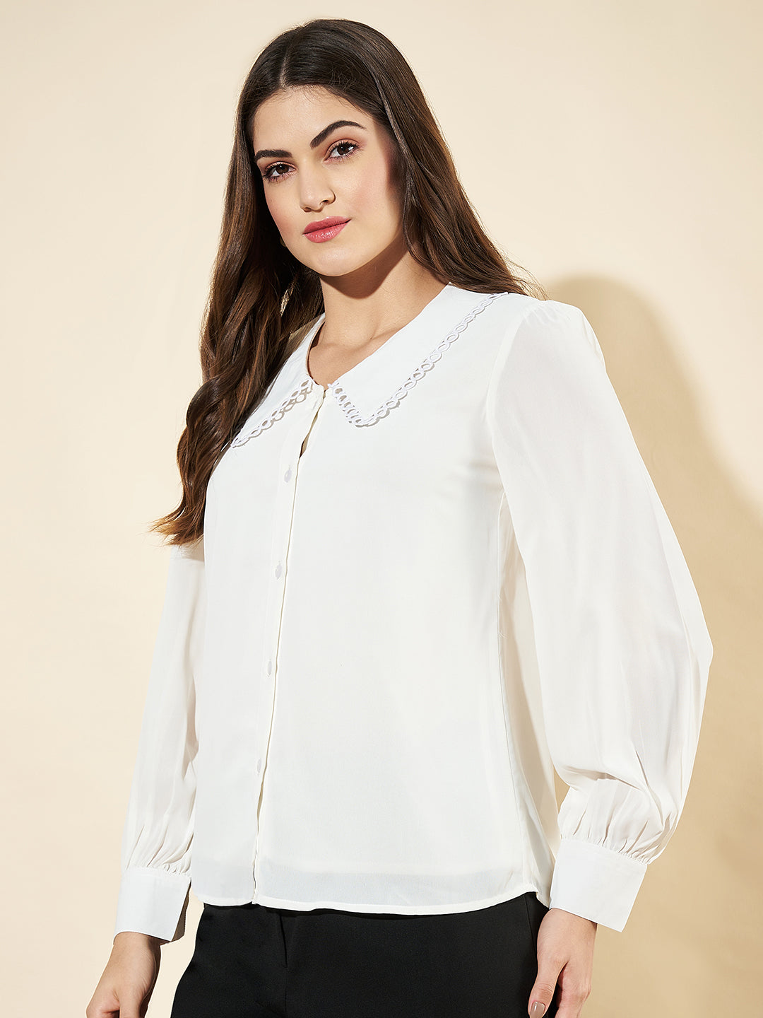 Women Cuffed Sleeves Lace White Top