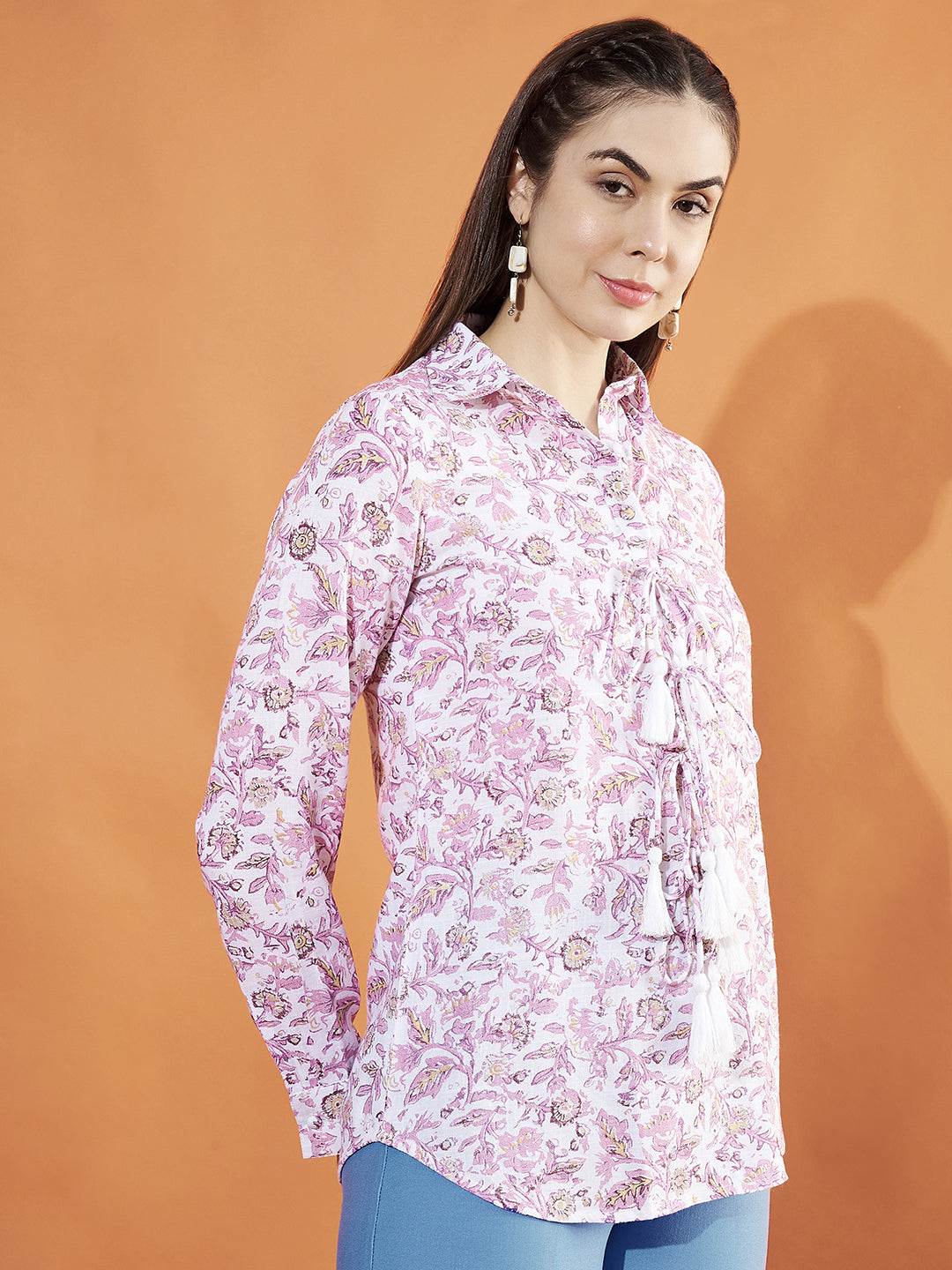 Floral Print Cuffed Sleeves Collared Pink Top