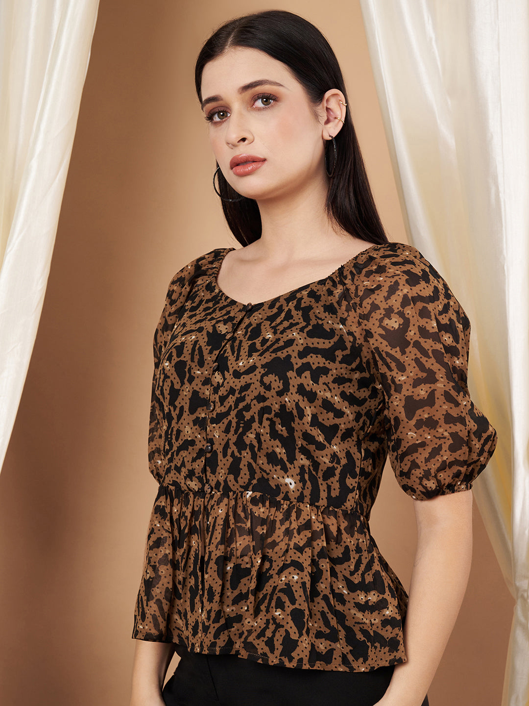 Brown Solid Sweetheart Neck Puff Sleeve Georgette Regular Top