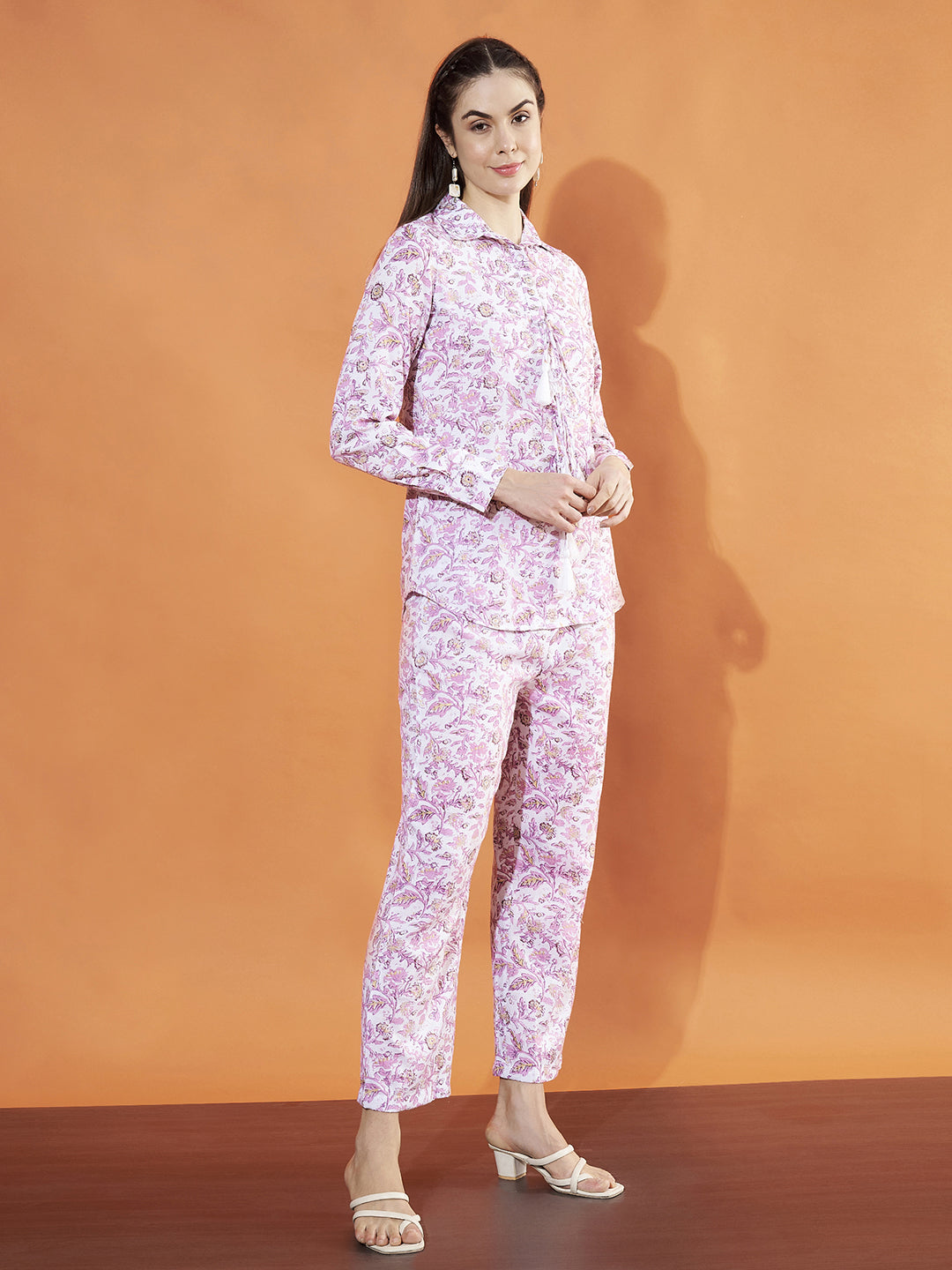 Women Pink & White Floral Printed Pure Cotton Tie Up Co-Ord Set