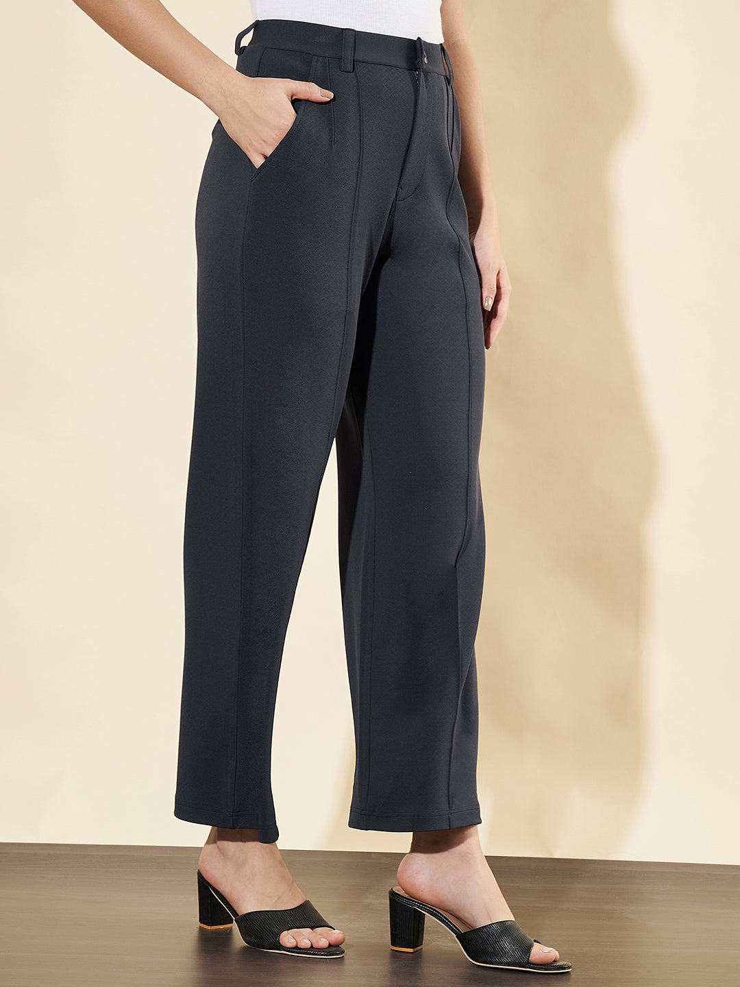 Women High-Rise Easy Wash Relaxed Straight Fit Trousers