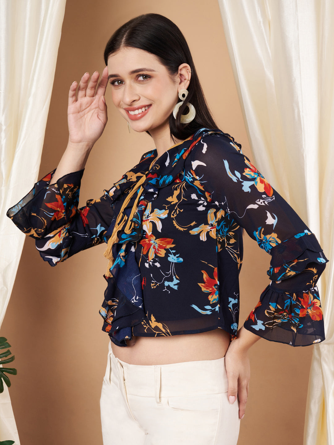 Bell Sleeves Multicolor Floral Print Tie-Up Neck Crop Top