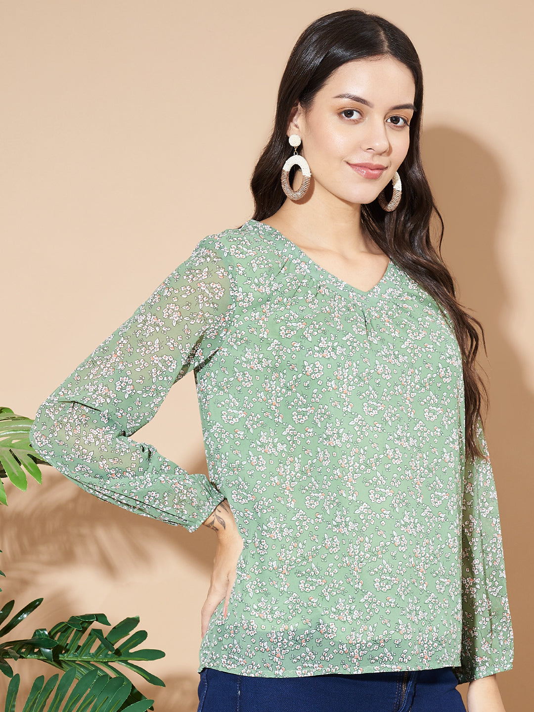 Women Puff Sleeves Floral Print  Green Top