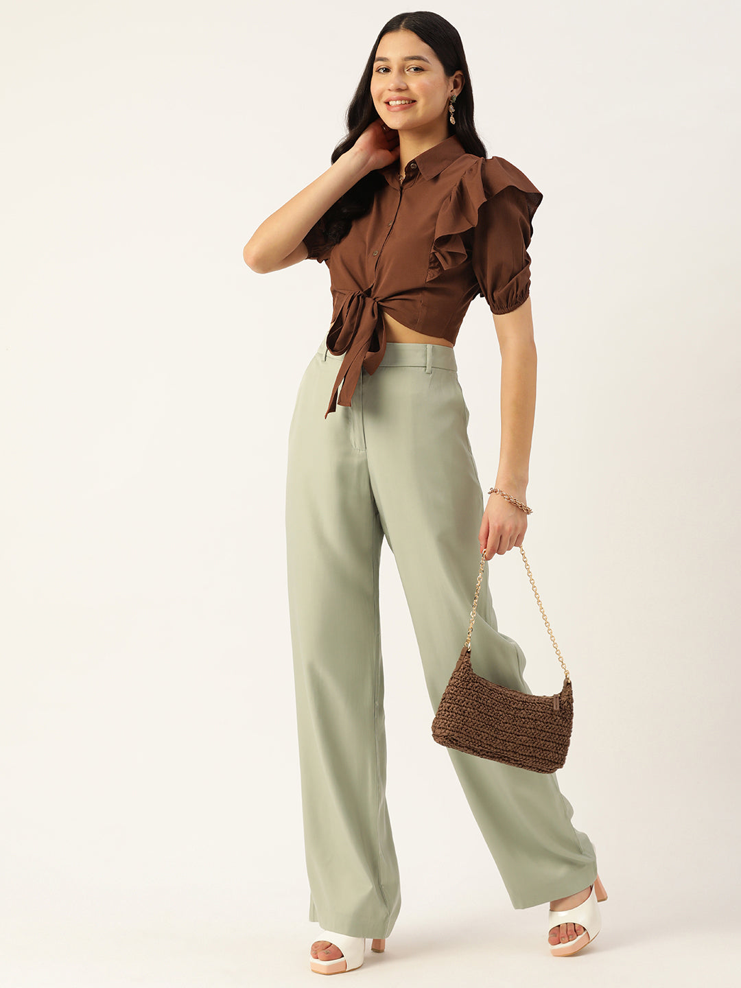 Brown Ruffles Crepe Crop Top