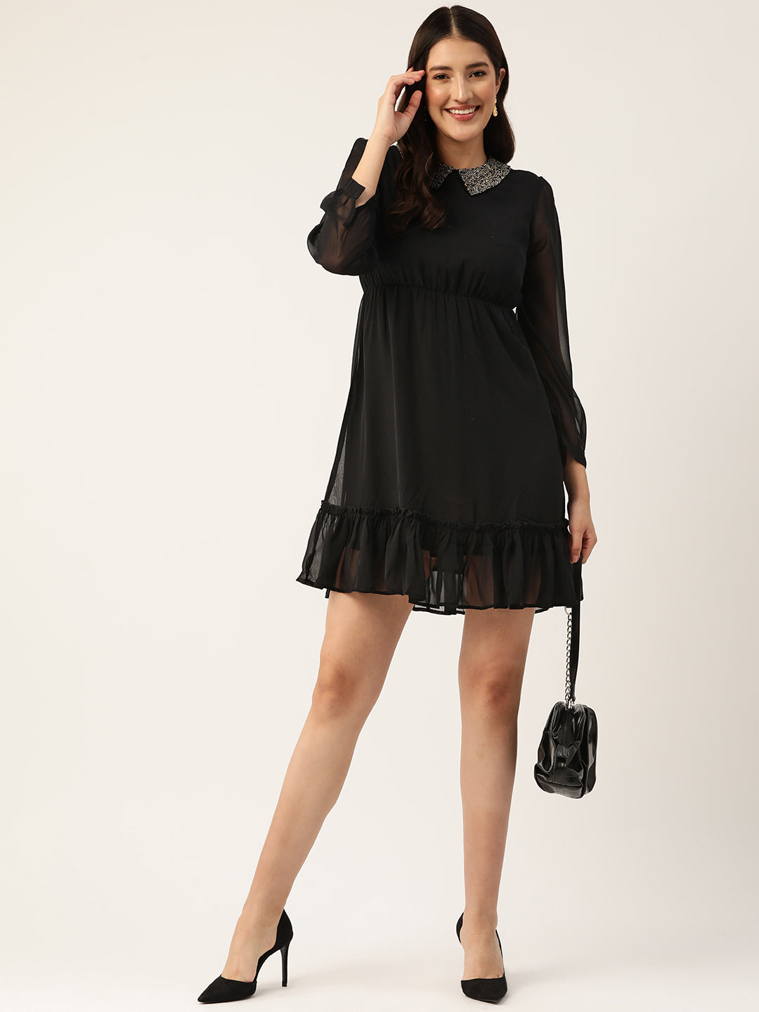 Embellished Shirt Collar Bishop Sleeve Georgette Tiered Empire Mini Party Dress