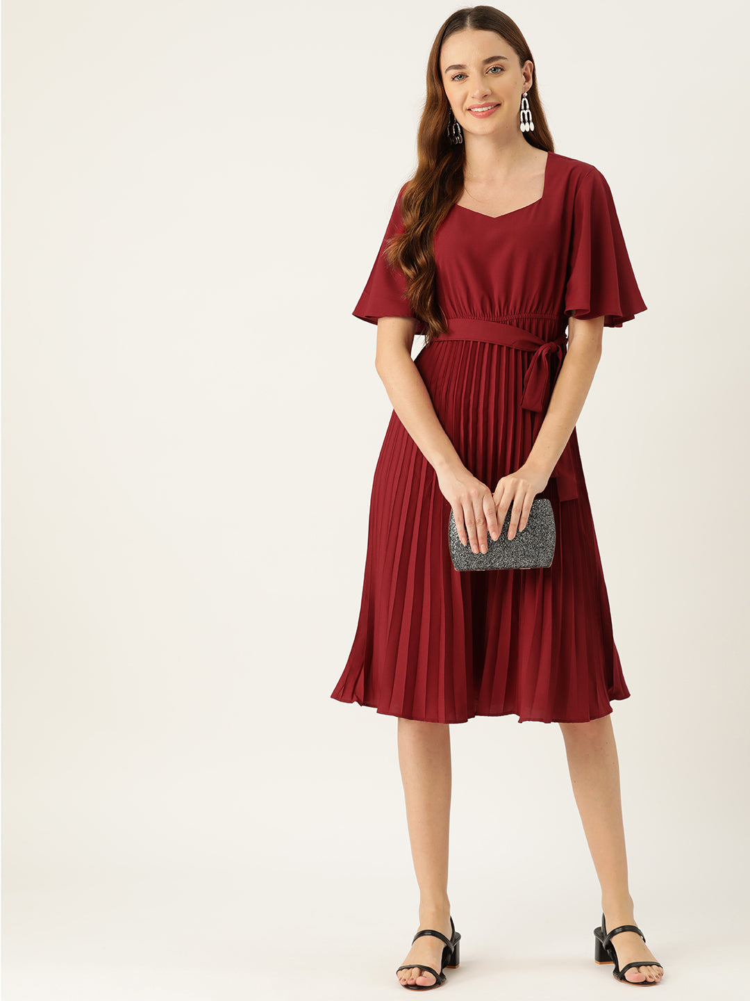 Slenor Flared Sleeve Maroon Tie-Ups Crepe A-Line Dress