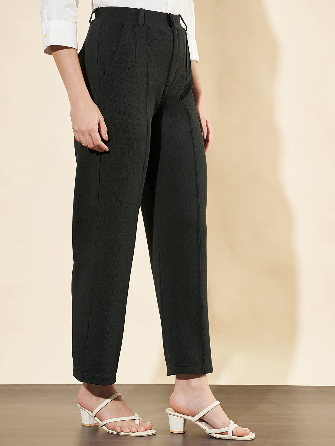 Women Relaxed Straight Fit High-Rise Easy Wash Trousers