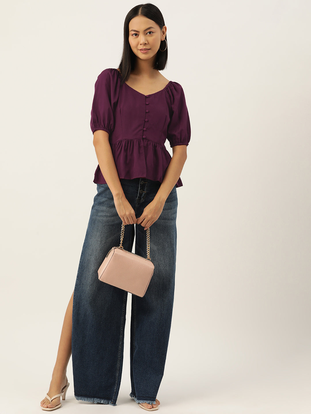 Purple  Solid Sweetheart Neck Puff Sleeve Crepe Peplum Top