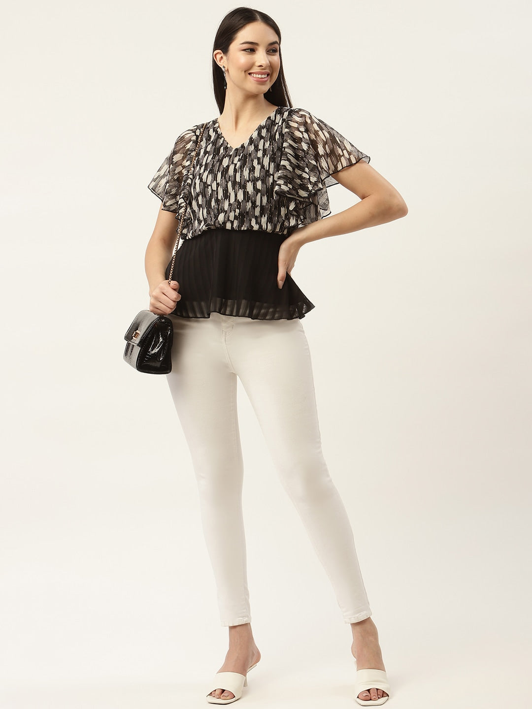 Black & Grey Print Georgette Peplum Top