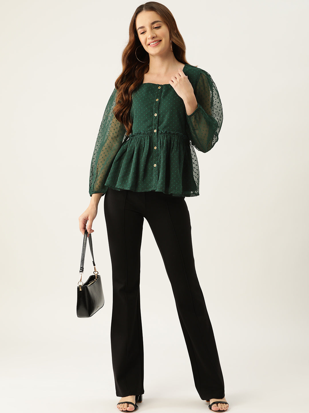 Casual Self Design Women Dark Green Top