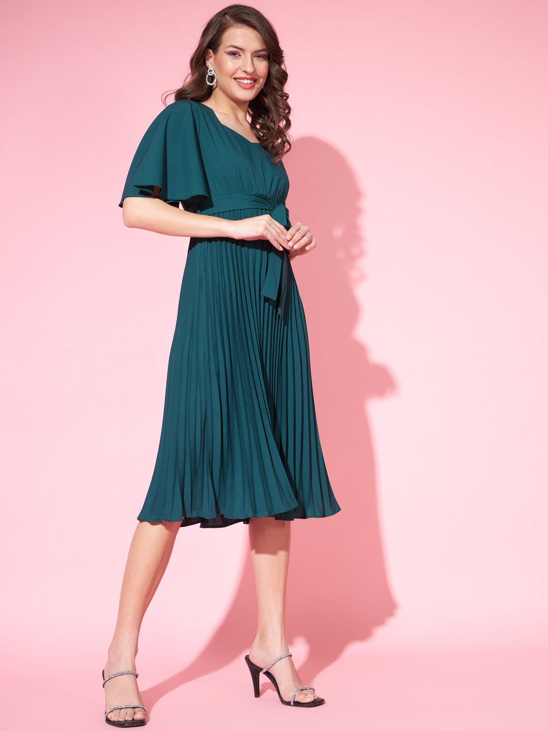 Women Flared Sleeve Tie-Ups Crepe A-Line Dress