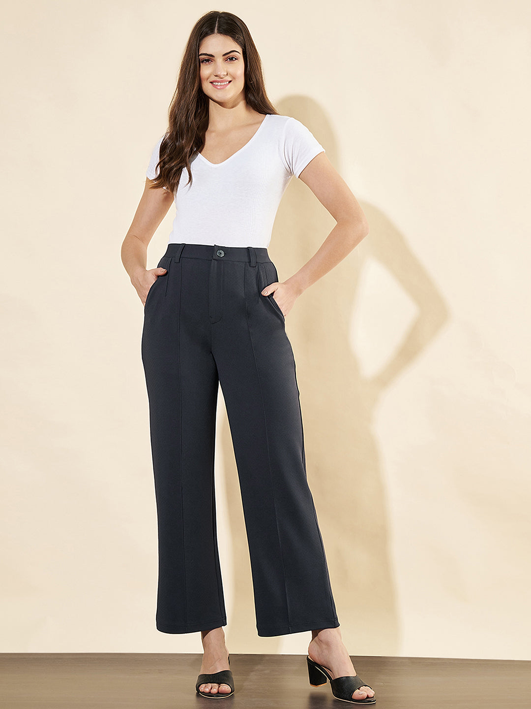 Women High-Rise Easy Wash Relaxed Straight Fit Trousers