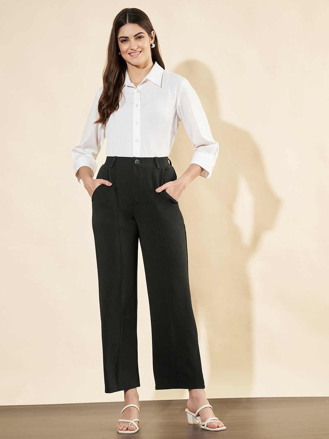 Women Relaxed Straight Fit High-Rise Easy Wash Trousers