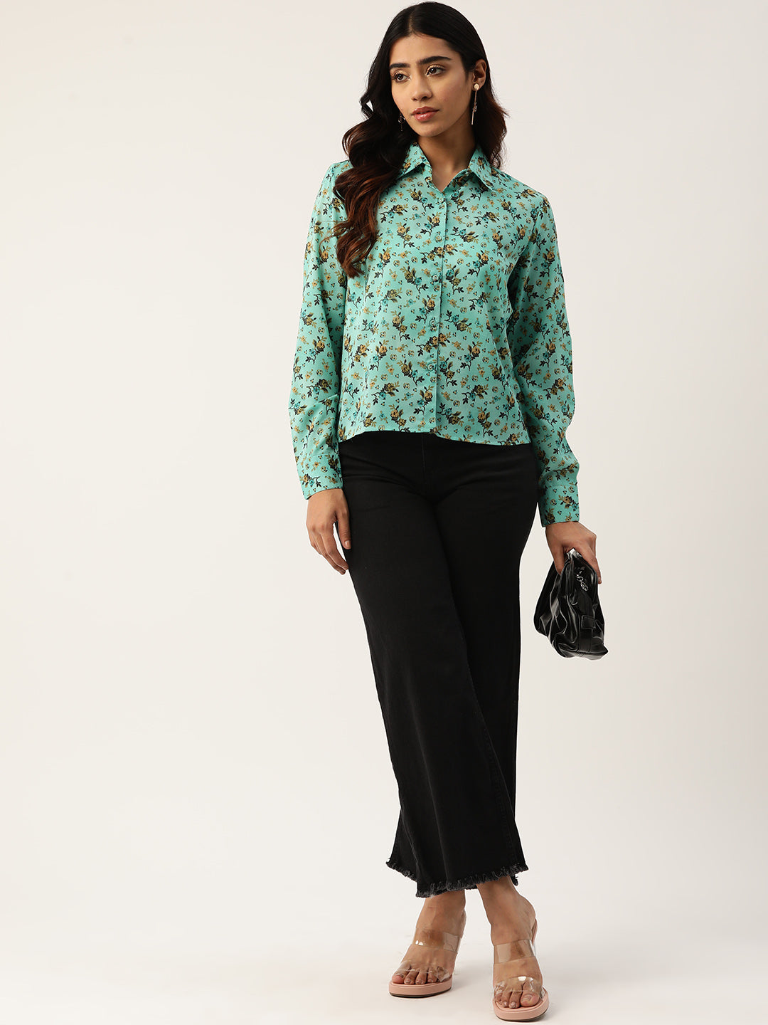 Women Floral Sky Blue Opaque Printed Casual Shirt