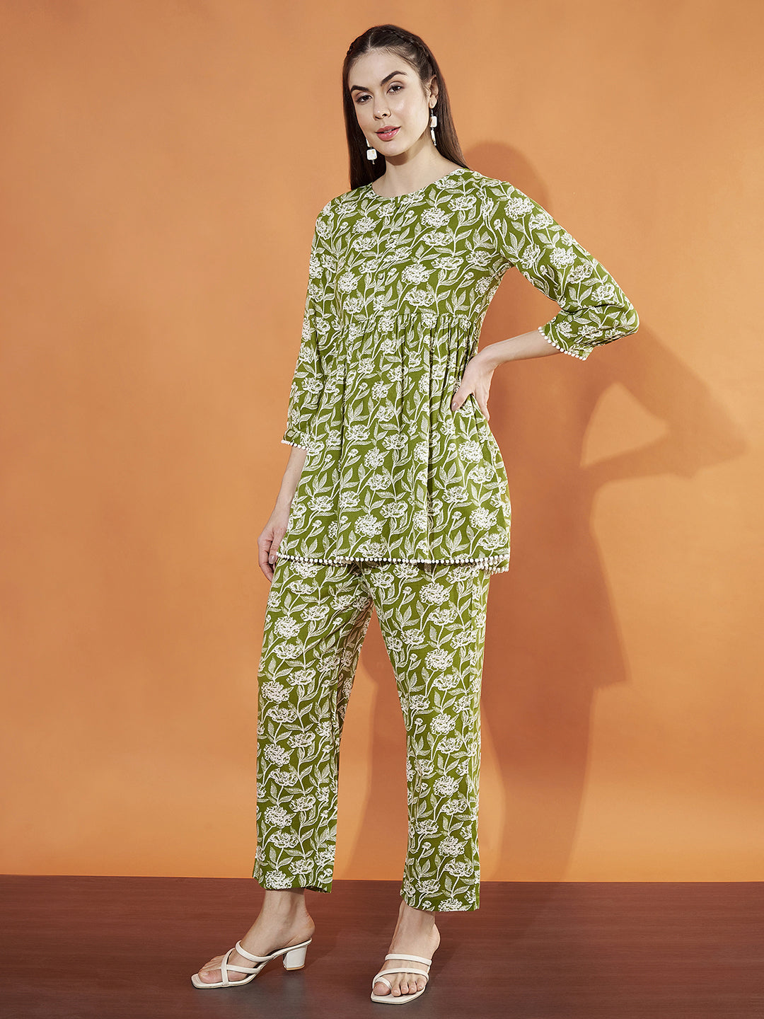 Women Green Floral Printed Cotton Co-Ord Set