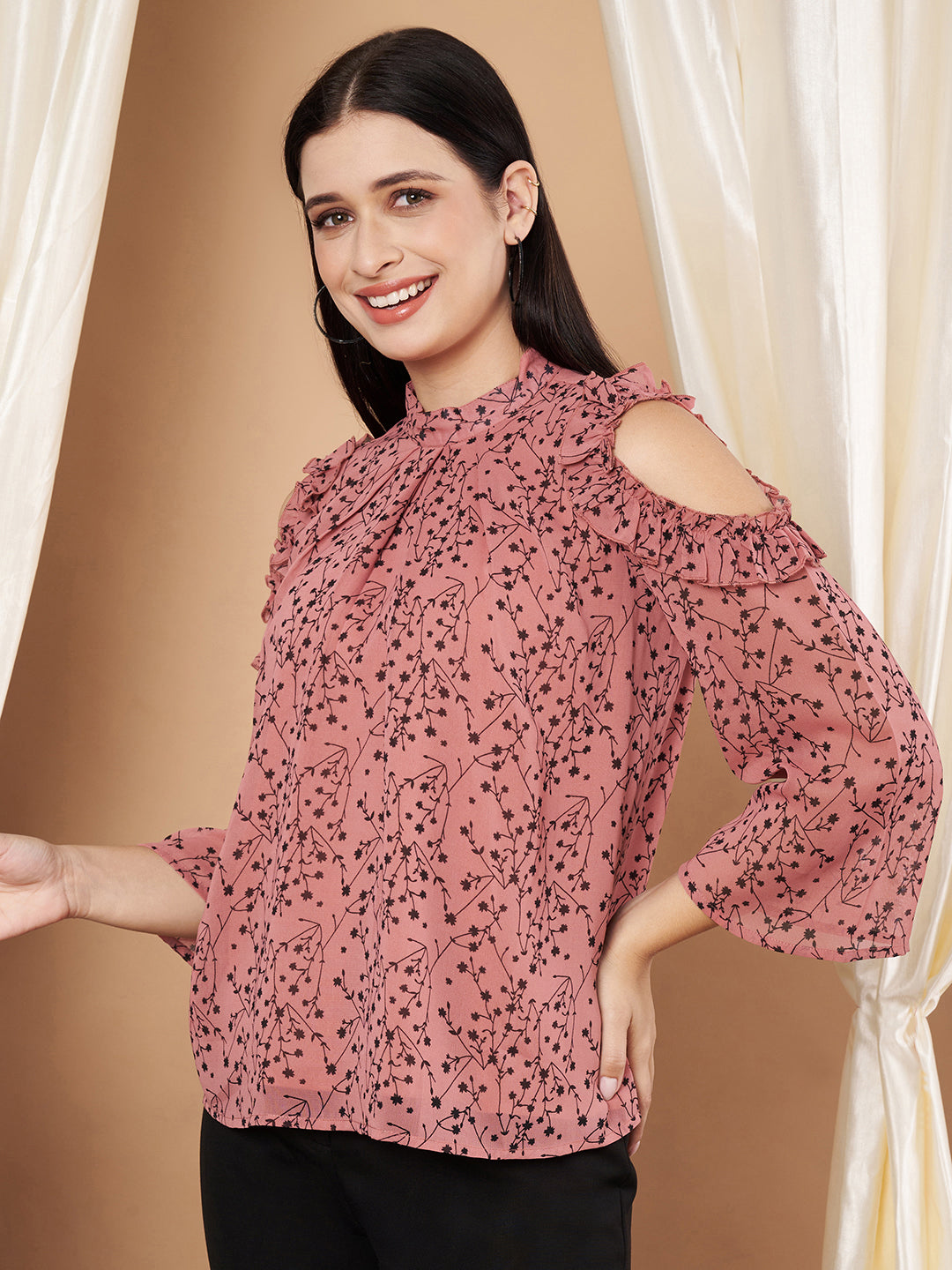 Women Cold Shoulder Sleeves Floral Print Pink Top