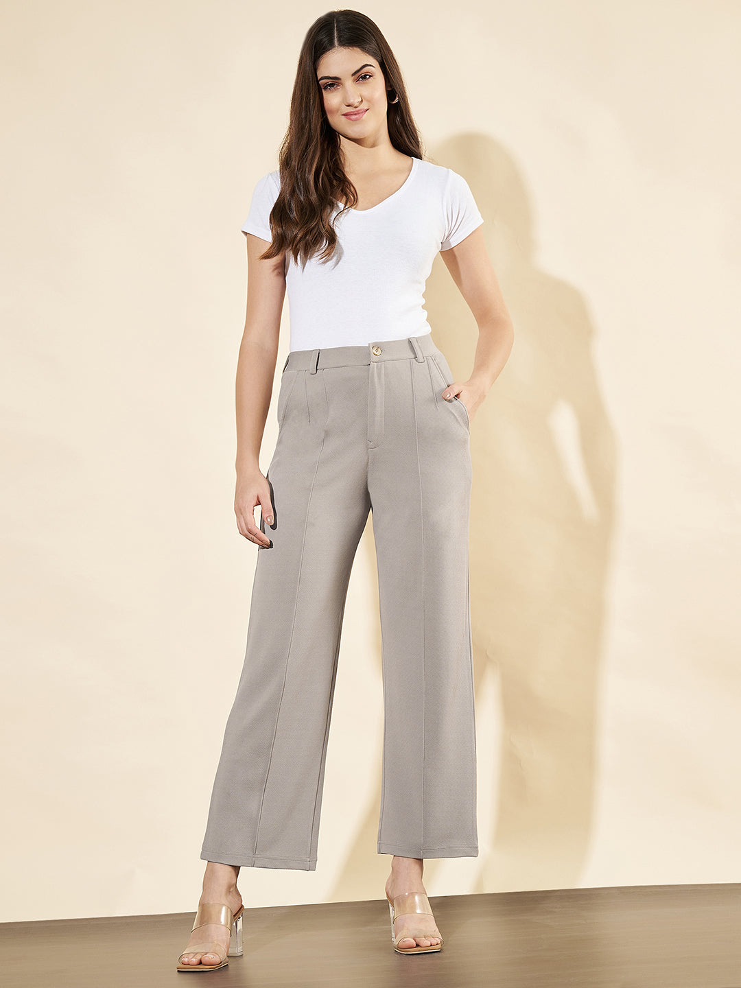 Women Relaxed Straight Fit High-Rise Easy Wash Trousers